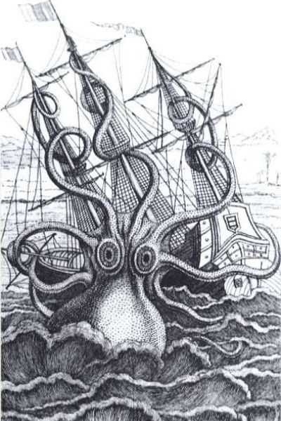 Illustration of kraken attacking ship